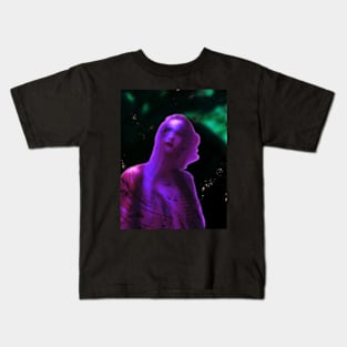 Portrait, digital collage and special processing. Beautiful woman, like painted. Violet and green, glowing. Stars. Kids T-Shirt